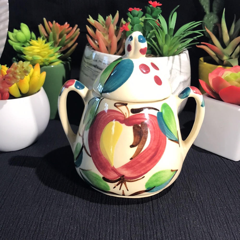 Vintage PURINTON Ceramic SUGAR BOWL Set with RETRO OPEN APPLE Design